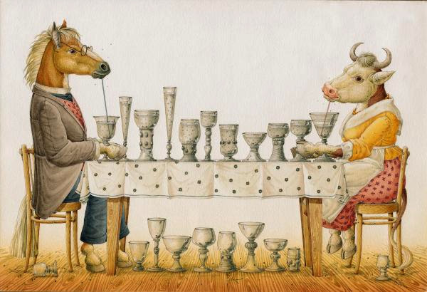 Horse and Cow drinking from glasses at a table